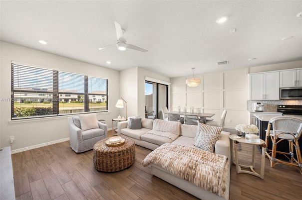 Dining room, Interior, Kitchen, Living room, Pendant Lights, Recessed Lighting, Stainless Steel Appliances, Wood Texture Flooring