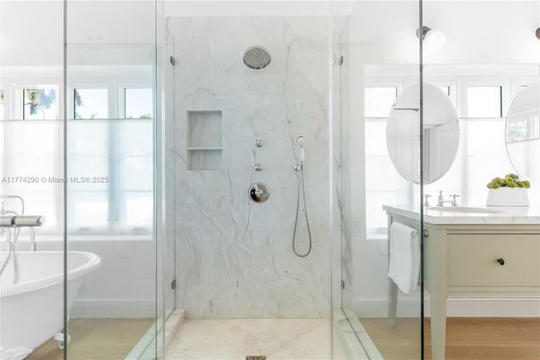 Bathroom, Glass Shower, Interior, Marble Walls, Wood Texture Flooring