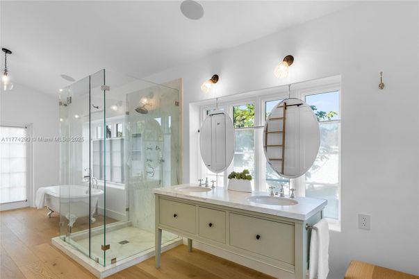 Bathroom, Dual Sink Vanities, Free Standing Baths, Glass Shower, Interior, Wood Texture Flooring
