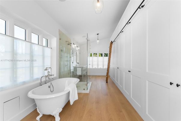 Bathroom, Free Standing Baths, Glass Shower, Interior, Wood Texture Flooring