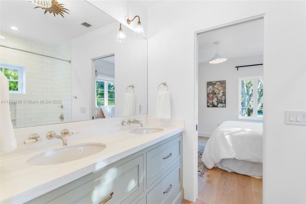 Bathroom, Dual Sink Vanities, Interior, Recessed Lighting, Wood Texture Flooring