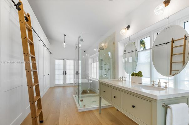 Bathroom, Dual Sink Vanities, Glass Shower, Interior, Wood Texture Flooring