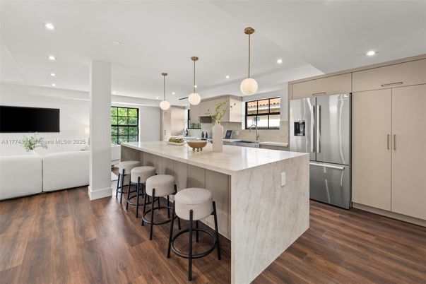 Interior, Kitchen, Pendant Lights, Recessed Lighting, Stainless Steel Appliances, Wood Texture Flooring