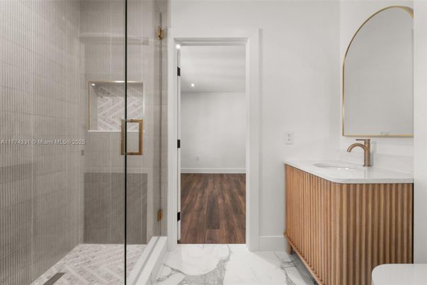 Bathroom, Glass Shower, Interior, Marble, Recessed Lighting, Wood Texture Flooring