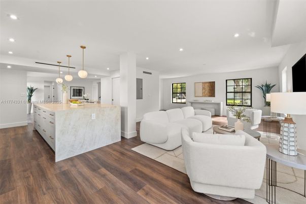 Interior, Kitchen, Living room, Pendant Lights, Recessed Lighting, Wood Texture Flooring