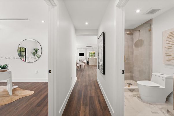 Bathroom, Glass Shower, Interior, Marble, Recessed Lighting, Wood Texture Flooring