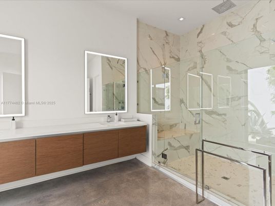 Bathroom, Dual Sink Vanities, Glass Shower, Interior, Marble Walls, Recessed Lighting