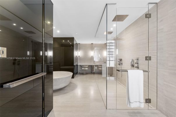 Bathroom, Free Standing Baths, Glass Shower, Interior, Pendant Lights, Recessed Lighting