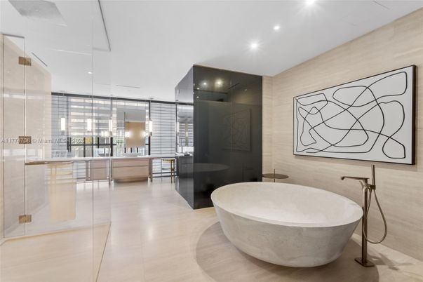 Bathroom, Free Standing Baths, Glass Shower, Interior, Recessed Lighting