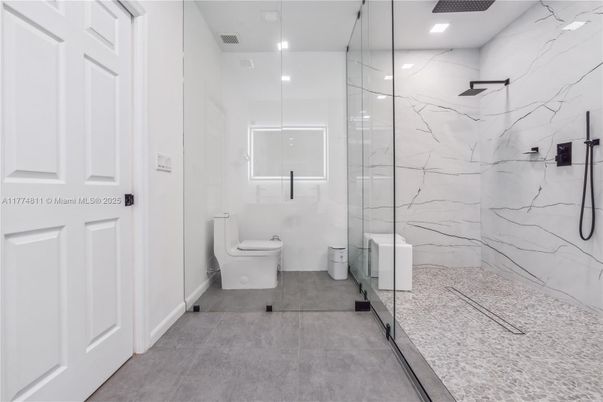 Bathroom, Glass Shower, Interior, Marble Walls, Recessed Lighting