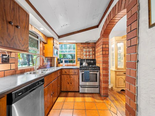 Interior, Kitchen, Stainless Steel Appliances, Stone Walls, Wood Texture Flooring