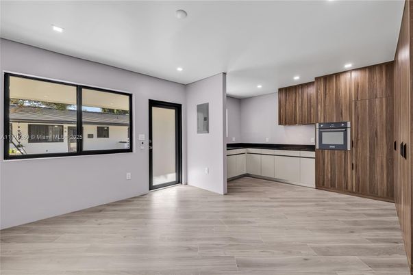 Empty room, Interior, Kitchen, Recessed Lighting, Wood Texture Flooring