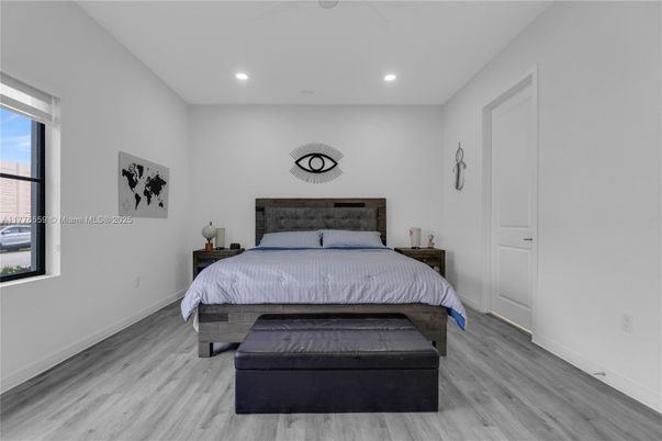 Bedroom, Interior, Recessed Lighting, Wood Texture Flooring