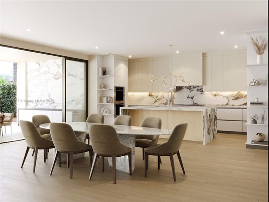 Dining room, Interior, Kitchen, Marble Walls, Pendant Lights, Recessed Lighting, Wood Texture Flooring