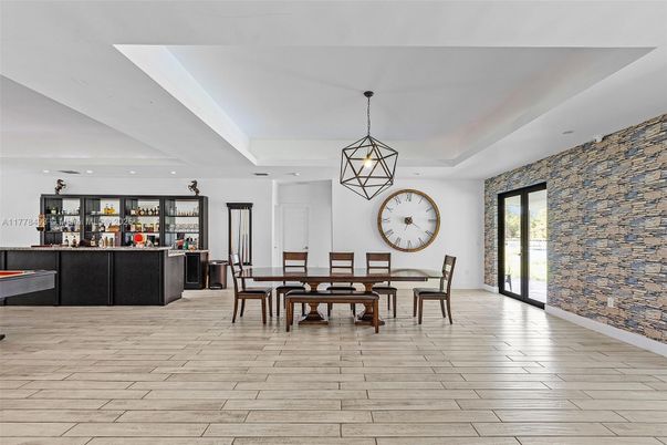 Dining room, Interior, Pendant Lights, Recessed Lighting, Wood Texture Flooring