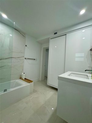 Bathroom, Glass Shower, Interior, Marble Walls, Recessed Lighting