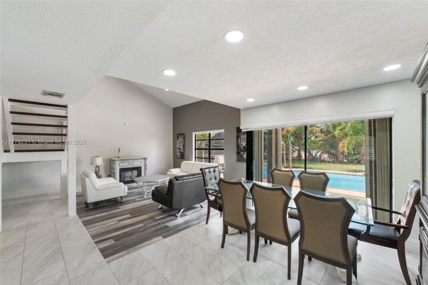 Dining room, Fireplace, Interior, Living room, Recessed Lighting