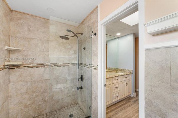 Bathroom, Glass Shower, Interior, Recessed Lighting, Wood Texture Flooring