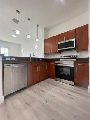 Interior, Kitchen, Pendant Lights, Stainless Steel Appliances, Wood Texture Flooring