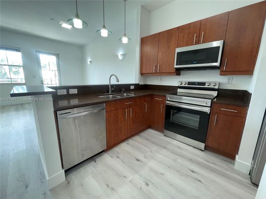 Interior, Kitchen, Pendant Lights, Stainless Steel Appliances, Wood Texture Flooring