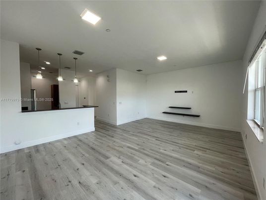Empty room, Interior, Pendant Lights, Recessed Lighting, Wood Texture Flooring