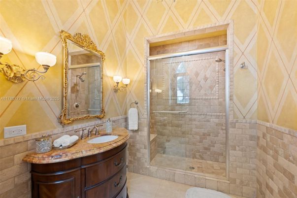 Bathroom, Dual Sink Vanities, Glass Shower, Interior, Stone Walls
