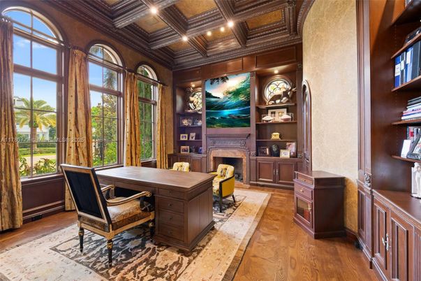 Fireplace, Home Office, Interior, Recessed Lighting, Wooden Beams, Wooden Ceilings, Wood Texture Flooring, Wooden Walls