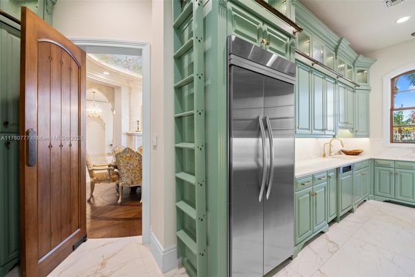 Interior, Kitchen, Marble, Recessed Lighting, Stainless Steel Appliances, Wood Texture Flooring