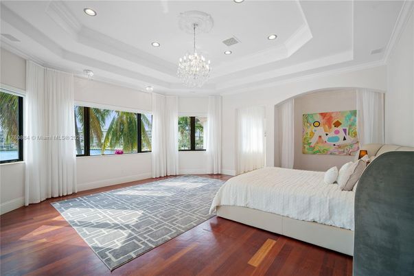 Bedroom, Chandelier, Interior, Recessed Lighting, Wood Texture Flooring