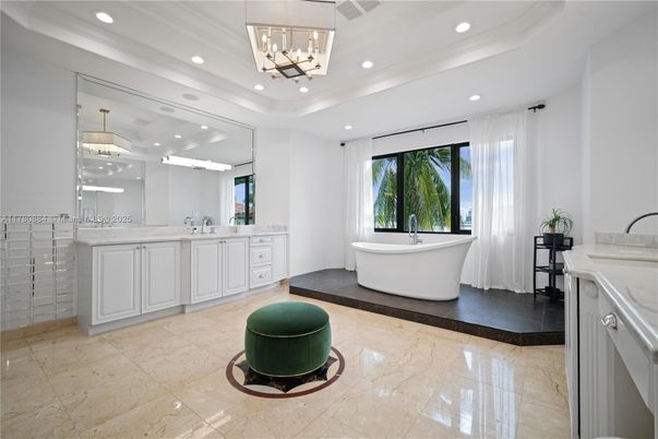 Bathroom, Chandelier, Dual Sink Vanities, Free Standing Baths, Interior, Pendant Lights, Recessed Lighting