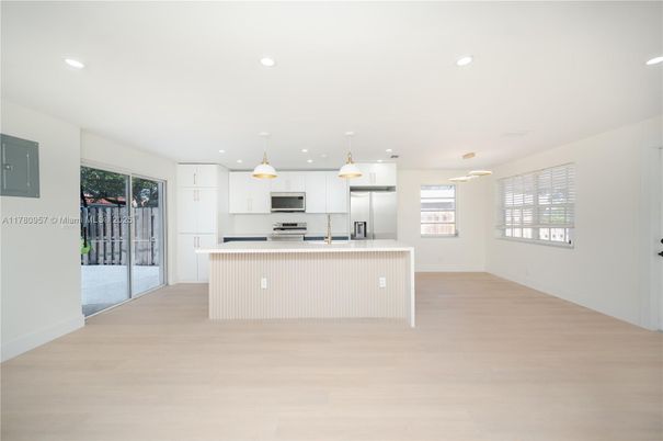 Interior, Kitchen, Pendant Lights, Recessed Lighting, Stainless Steel Appliances, Wood Texture Flooring