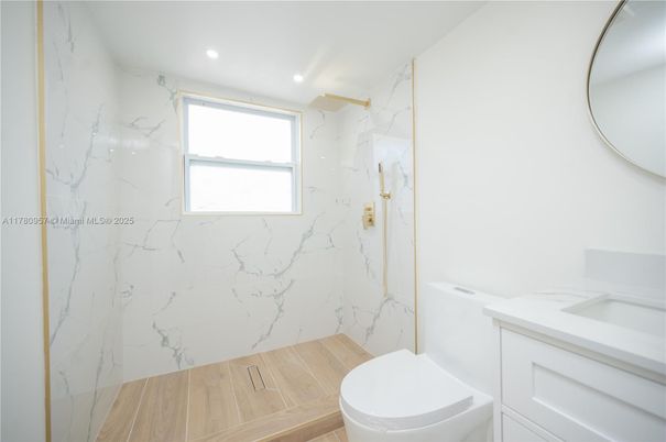Bathroom, Interior, Marble Walls, Recessed Lighting, Wood Texture Flooring