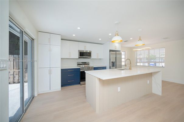 Interior, Kitchen, Pendant Lights, Recessed Lighting, Stainless Steel Appliances, Wood Texture Flooring