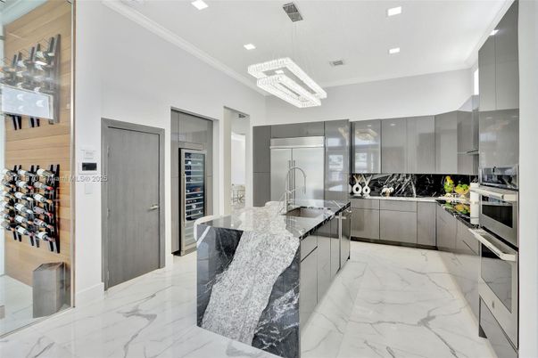 Interior, Kitchen, Marble, Pendant Lights, Recessed Lighting, Stainless Steel Appliances