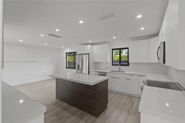 Interior, Kitchen, Recessed Lighting, Stainless Steel Appliances, Wood Texture Flooring