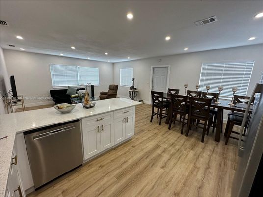 Dining room, Interior, Kitchen, Recessed Lighting, Wood Texture Flooring
