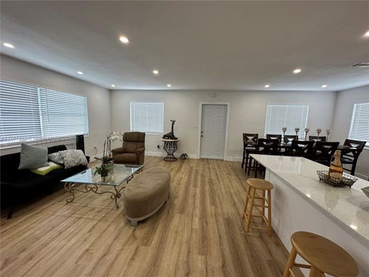 Dining room, Interior, Living room, Recessed Lighting, Wood Texture Flooring