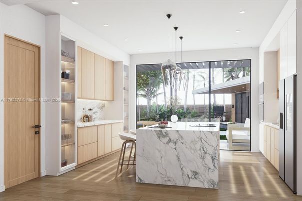 Interior, Kitchen, Marble Walls, Pendant Lights, Recessed Lighting, Stainless Steel Appliances, Wood Texture Flooring
