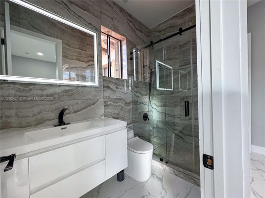 Bathroom, Glass Shower, Interior, Marble, Marble Walls, Recessed Lighting