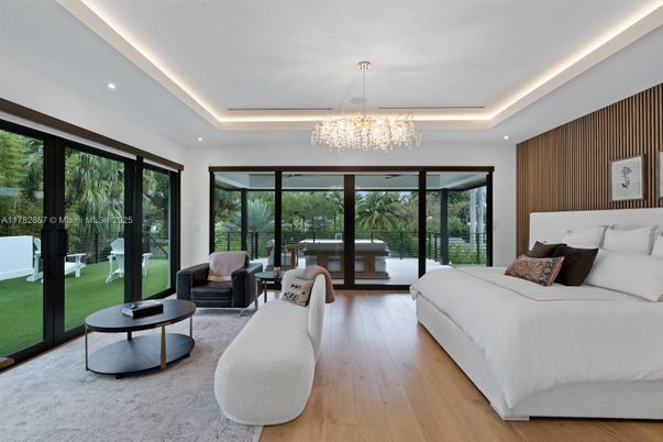 Bedroom, Chandelier, Interior, Living room, Recessed Lighting, Wood Texture Flooring