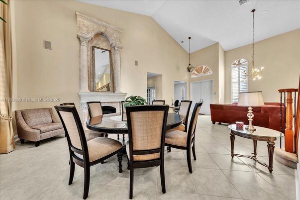 Dining room, Fireplace, Interior, Pendant Lights