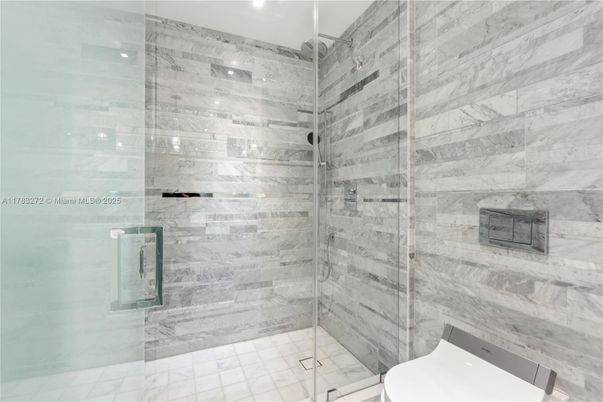 Bathroom, Glass Shower, Interior, Marble Walls, Recessed Lighting
