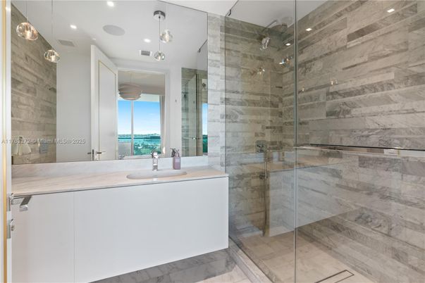 Bathroom, Glass Shower, Interior, Marble, Marble Walls, Pendant Lights, Recessed Lighting