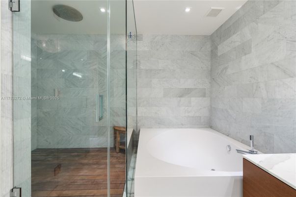 Bathroom, Glass Shower, Interior, Marble Walls, Recessed Lighting, Wood Texture Flooring