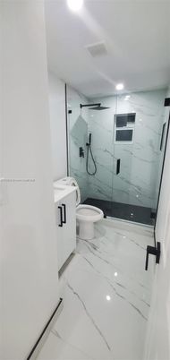 Bathroom, Glass Shower, Interior, Marble, Marble Walls, Recessed Lighting