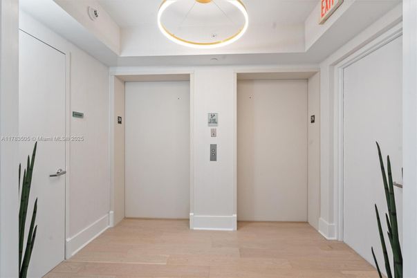 Elevator, Interior, Pendant Lights, Wood Texture Flooring