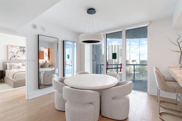 Bedroom, Dining room, Interior, Pendant Lights, Wood Texture Flooring
