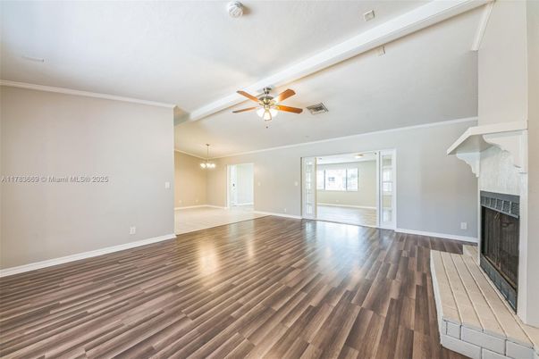 Empty room, Fireplace, Interior, Pendant Lights, Wood Texture Flooring