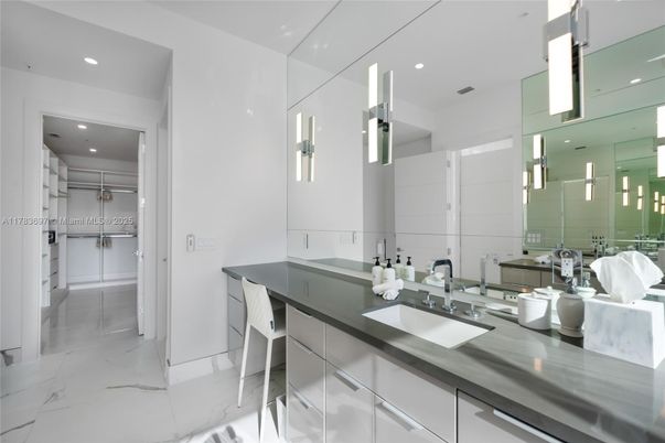 Bathroom, Dual Sink Vanities, Interior, Marble, Pendant Lights, Recessed Lighting