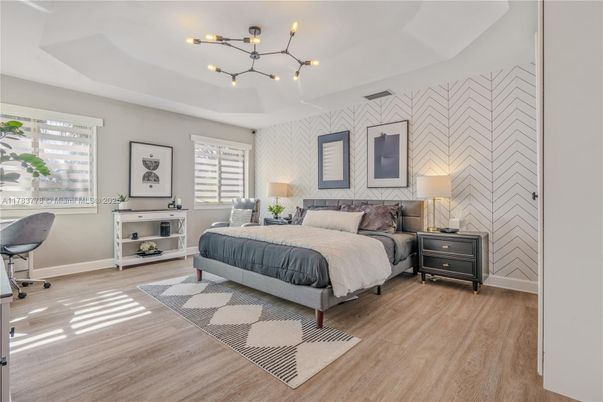 Bedroom, Interior, Pendant Lights, Wood Texture Flooring